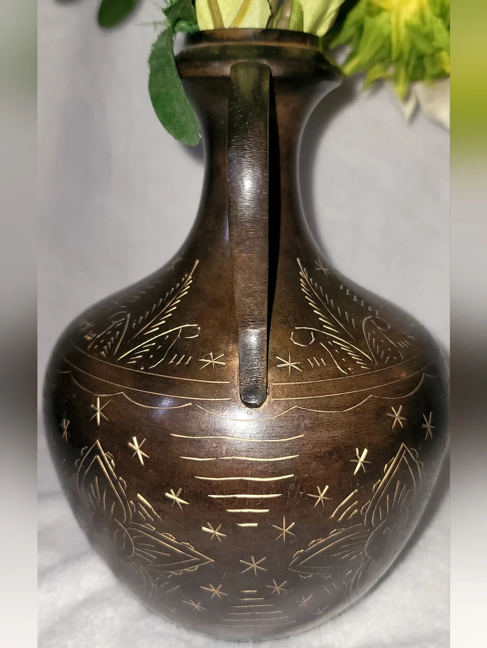 Vintage Solid Brass Amphora Vase Black Finish & Etched Designs